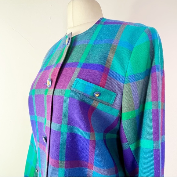Vintage Avoca Made in Ireland Purple & Green Checked Wool Jacket Size S - Picture 7 of 11